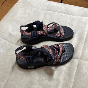 Chaco Women's Navy Sandals with Red and White Patterned Straps
